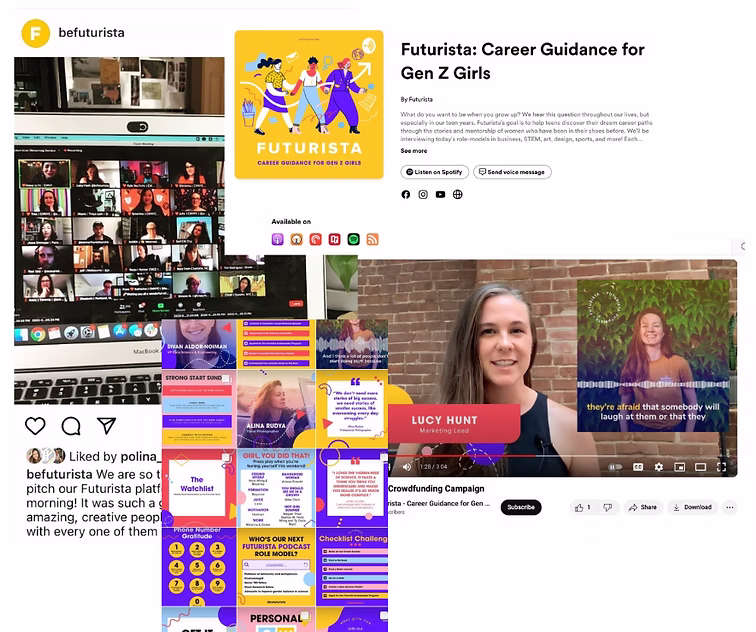 Futurista community visual for Gen Z women, linked to ambassador and podcast programs